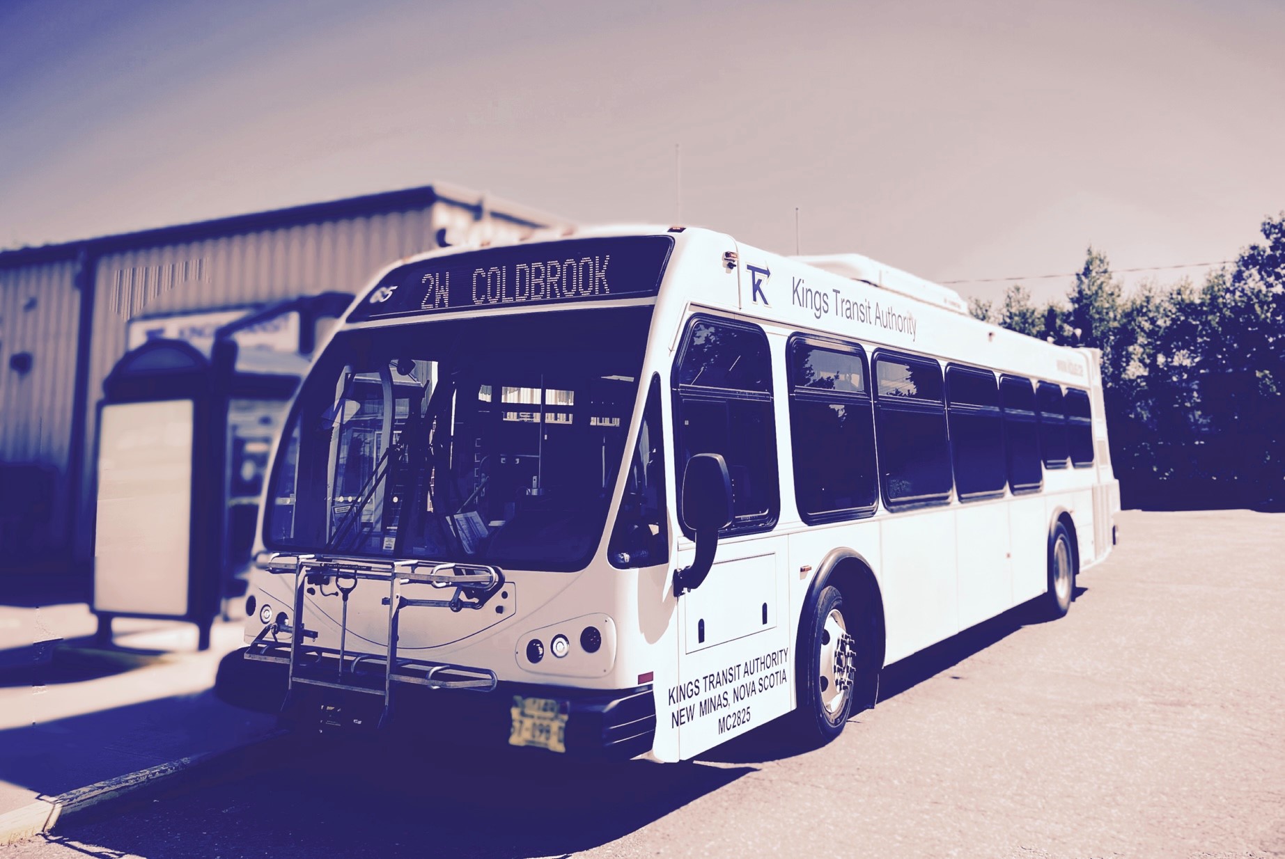 A greyscale photo of Kings Transit bus 2W Coldbrook