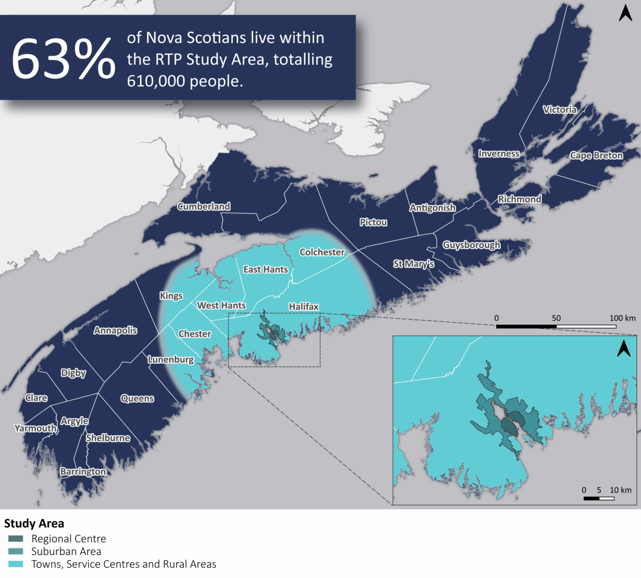 A map shows the study area for the regional transportation plan. It includes most of HRM, all of East Hants, all of West Hants, Chester, Mahone Bay, Lunenburg, Bridgewater, Wolfville, Kentville, Truro, Stewiacke, Millbrook First Nation, Sipekne'katik First Nation, Glooscap First nation, Windsor, Acadia First Nation, and Annapolis Valley First Nation