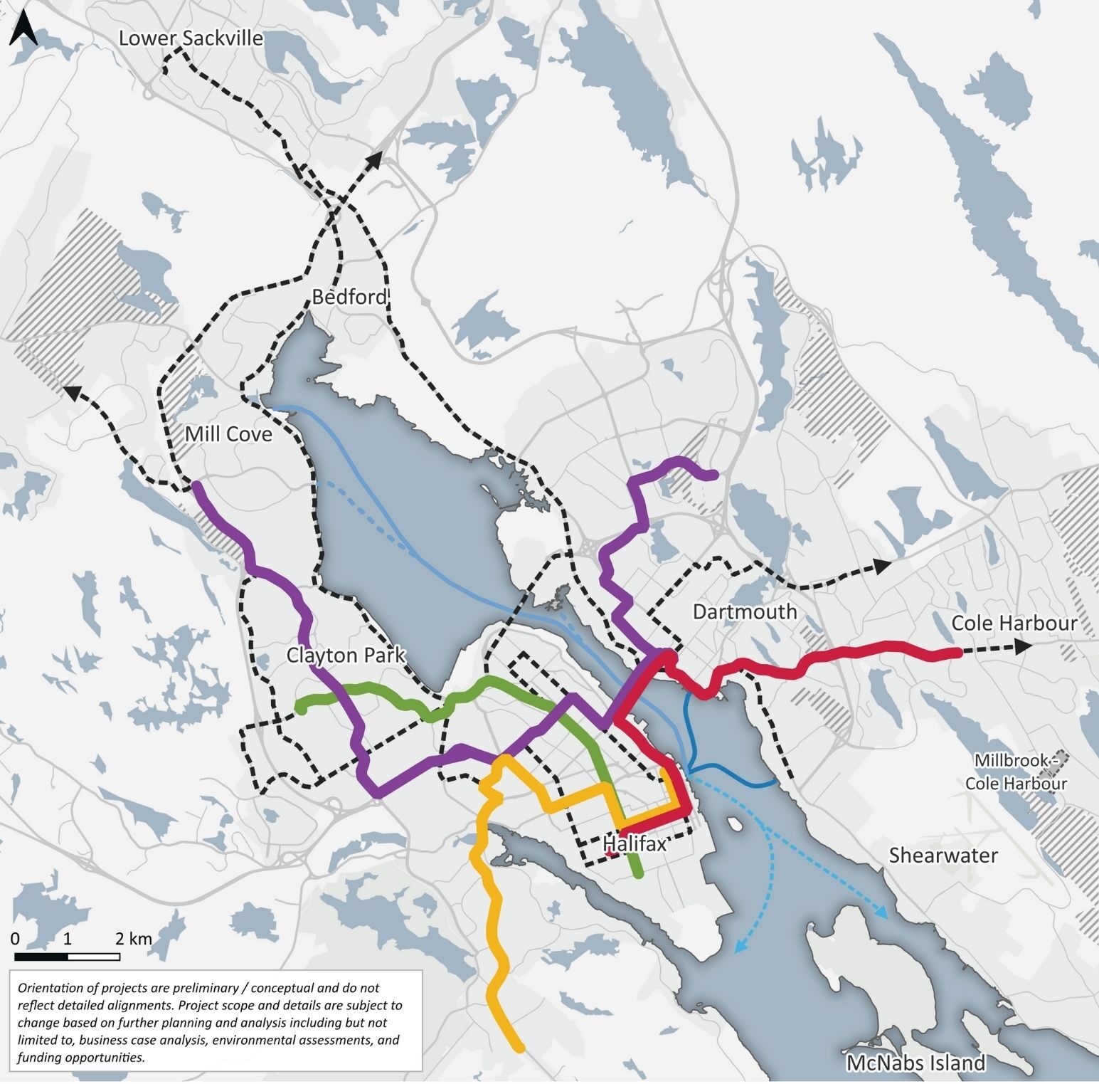 A map shows urban HRM, with Lower Sackville to the north, Cole Harbour to the East, Bedford and Clayton Park to the West, and Spryfield and the mouth of Halifax Harbour to the south. Solid lines show the four planned bus rapid transit routes, Dartmouth Crossing to Larry Uteck, Saint Mary’s University to Lacewood Terminal in Clayton Park, Portland Hills to Dalhousie University, and downtown Halifax to Spryfield. Dashed lines show future frequent service or possible extensions, travelling across the MacKay Bridge, on Main Street in Dartmouth, along Parkland Drive, Main Avenue, Kearney Lake Road / Larry Uteck Boulevard, Bedford Highway, on Highway 102, to West Bedford, and to Lower Sackville via Magazine Hill. Solid lines show existing ferries at Alderney and Woodside, and the planned high-speed ferry at Mill Cove, all travelling to downtown Halifax. Dashed lines show proposed high-speed ferries at Shannon Park, Larry Uteck, and potenital future ferry service to Eastern Passage and Purcell's Cove.
