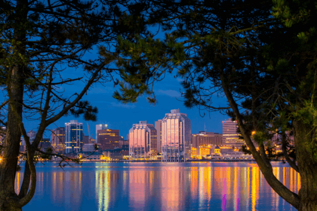 The Halifax skyline at sunset, as seen from Ferry Terminal Park in Dartmouth.