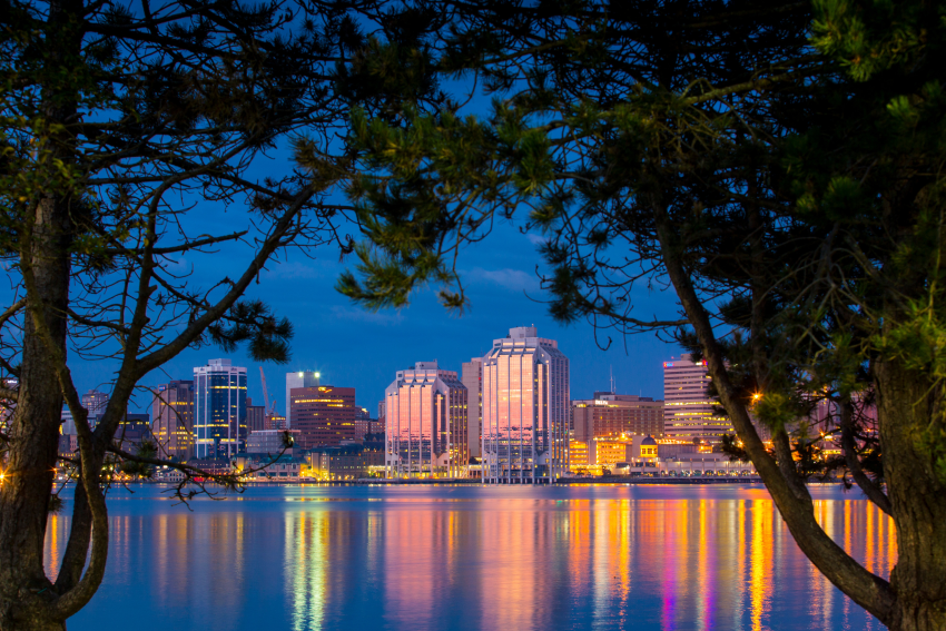 The Halifax skyline at sunset, as seen from Ferry Terminal Park in Dartmouth.