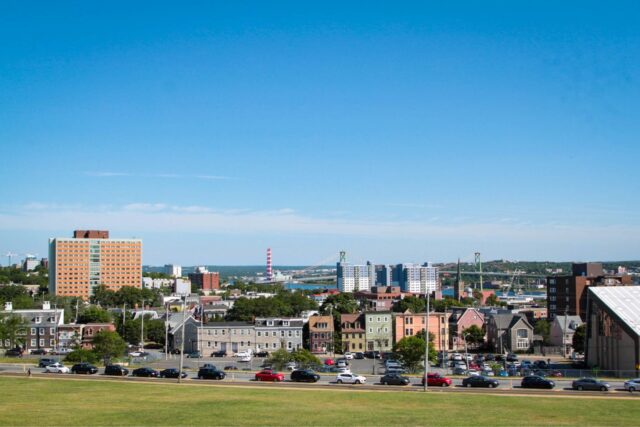 the Macdonald Bridge and North End Halifax as seen from Citadel Hill on a sunny day.