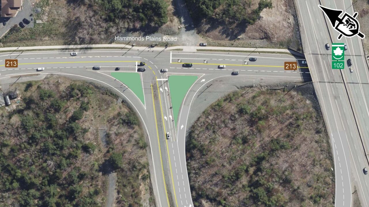 An aerial shows two left hand turn lanes at Exit 3 / Hammonds Plains Road.