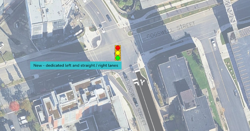 Cogswell at Brunswick intersection with northbound dedicated left-turn lane and shared straight / right lane.