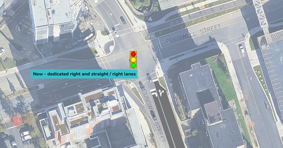Cogswell at Brunswick intersection with northbound dedicated left-turn lane and shared straight / right lane.