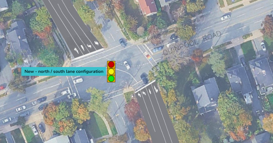 Connaught and Quinpool intersection with two right lane turns, one straight, and one right and straight lane.