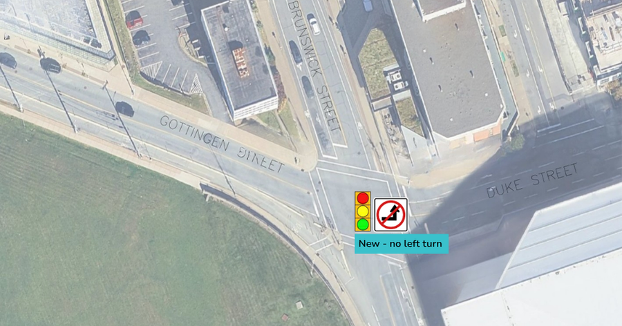 Top down view of the Duke St / Brunswick St / Gottingen St with a new no left turn sign